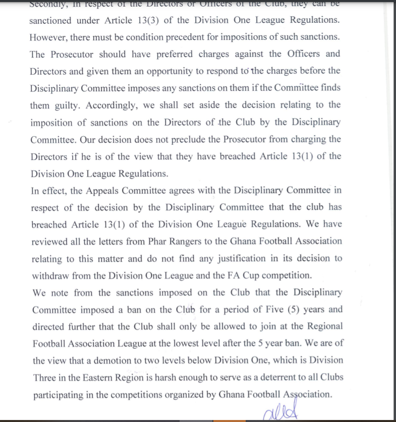 Ruling by Appeals Committee of GFA