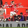 Cristiano Ronaldo leaps in celebration after scoring on his return to Manchester United