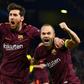 Team-mates: Lionel Messi and Andres Iniesta celebrate another Barcelona Champions League goal together at Stamford Bridge in 2018.