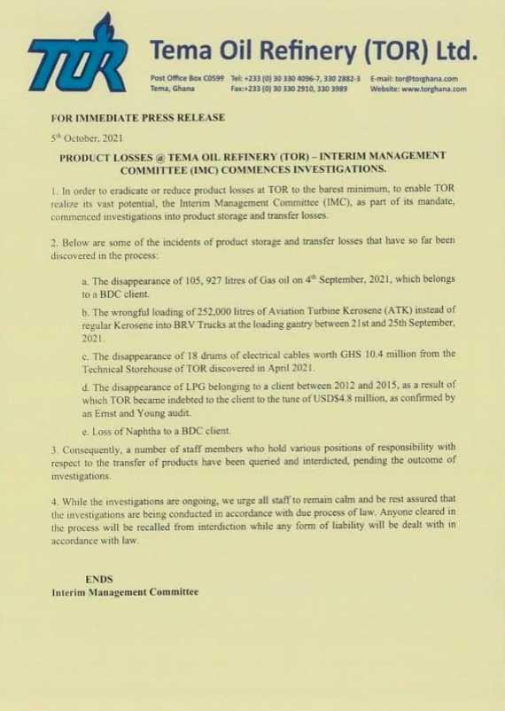 105,927 liters of fuel disappear from TOR