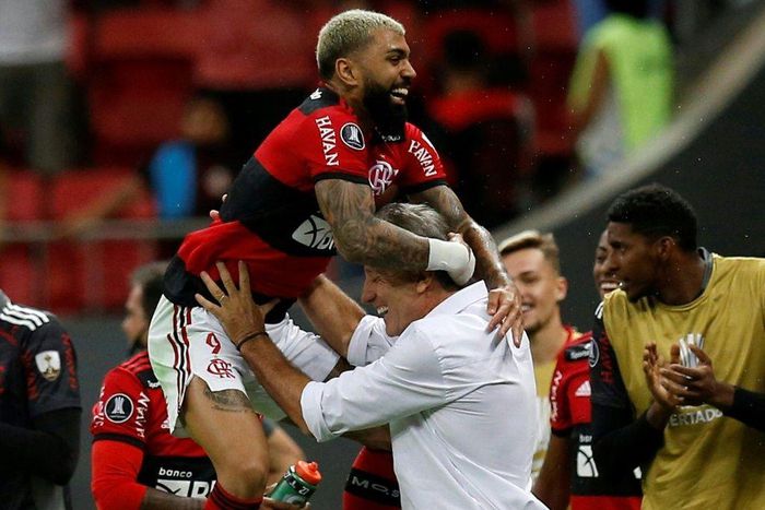 Flamengo's Gabriel Barbosa celebrates with his coach Renato Gaucho after scoring against Olimpia of Paraguay in the Copa Libertadores quarter-finals last month