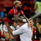 Flamengo's Gabriel Barbosa celebrates with his coach Renato Gaucho after scoring against Olimpia of Paraguay in the Copa Libertadores quarter-finals last month