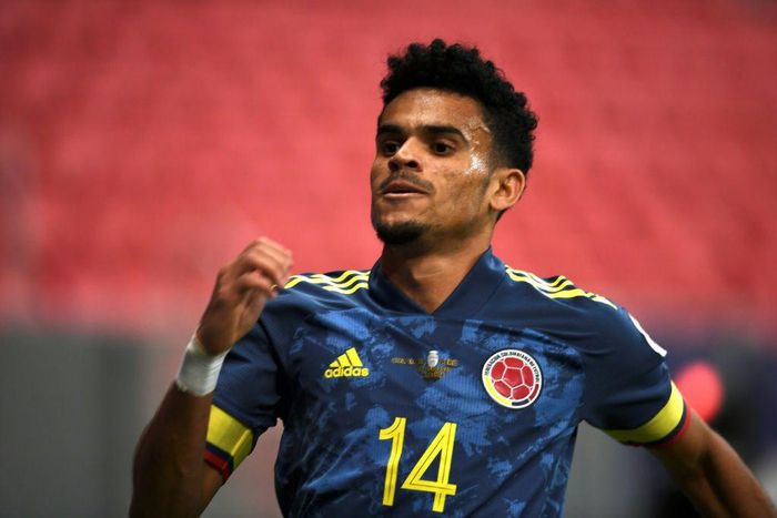 Colombia's Luis Diaz celebrates after scoring against Peru in the Copa America third-place match