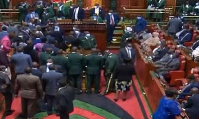 Kenyan MPs emulate Ghanaian counterparts as lawmakers exchange blows over voting; one injured