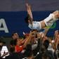 Argentina's Lionel Messi is thrown into the air by celebrating teammates after winning the 2021 Copa America