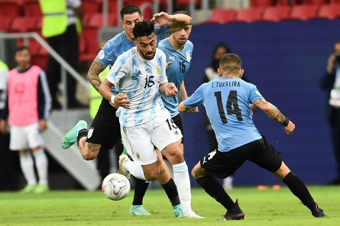 Nicolas Gonzalez (L) in action at the Copa America with Argentina.