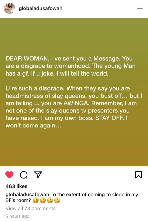 Adu Safowaa's post on Instagam attacking Nana Aba Anamoah