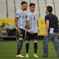 An employee of Brazil's National Health Surveillance Agency (ANVISA) argues with Argentina players Nicolas Otamendi (left) and Marcos Acuna after their World Cup qualifier with Brazil was halted on Sunday