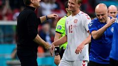 Kasper Hjulmand (L) called Kasper Dolberg (C) a "star striker" after his brace against Wales
