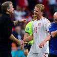 Kasper Hjulmand (L) called Kasper Dolberg (C) a "star striker" after his brace against Wales