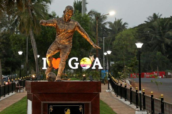 The newly installed statue of Portuguese footballer Cristiano Ronaldo in Calangute