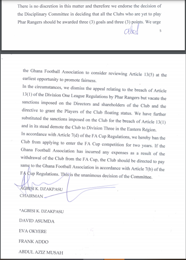 Ruling by Appeals Committee of GFA