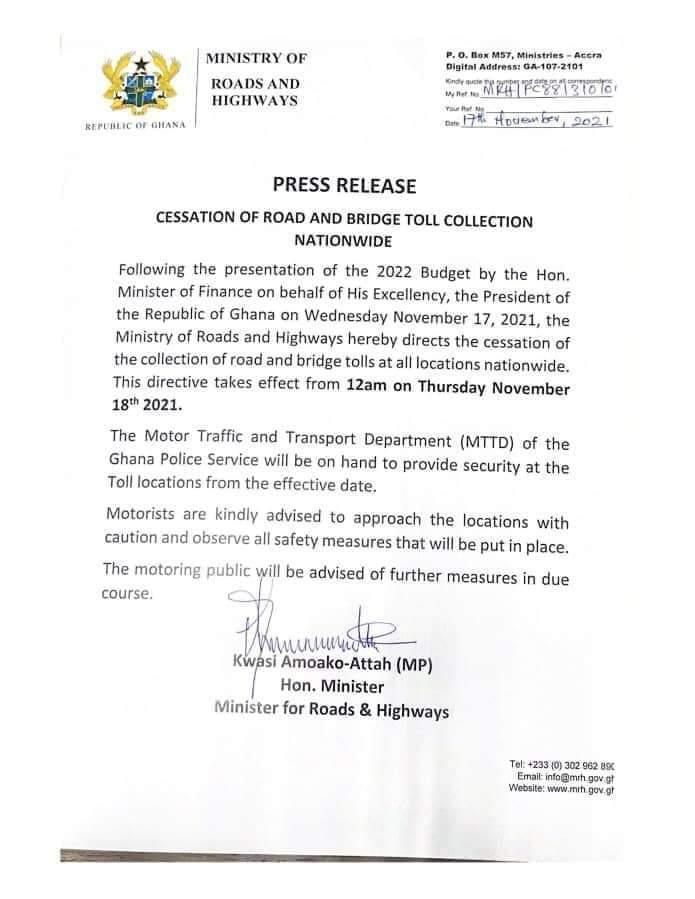 Roads Minister orders a stop to collecting tolls immediately
