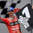 Francesco Bagnaia celebrates his Aragon MotoGP pole