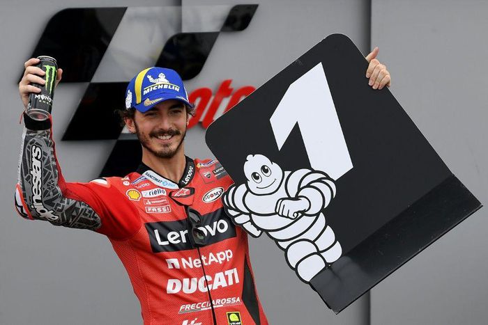 Francesco Bagnaia celebrates his Aragon MotoGP pole