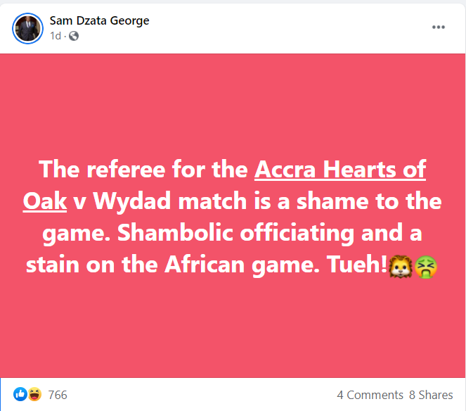 Sam George's Facebook post