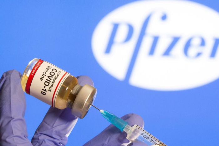 A coronavirus vaccine vial in front of the Pfizer logo.