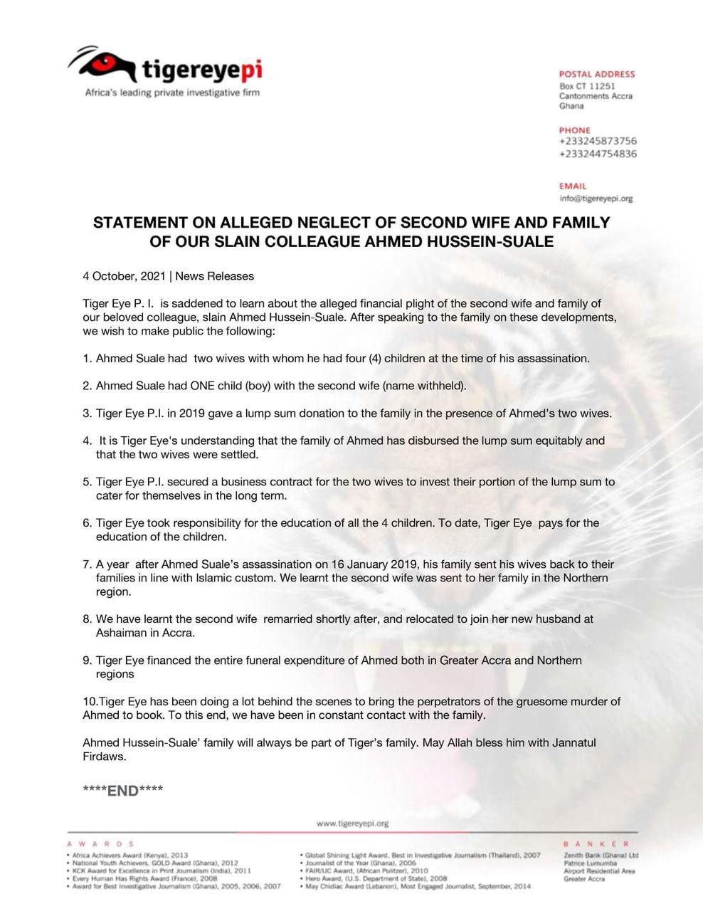 Tiger Eye PI statement