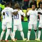 Vinicius Junior (second from the right) was congratulated by his Real Madrid teammates after scoring twice