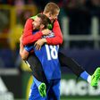 New Mamelodi Sundowns forward Pavol Safranko (R) celebrating with a Slovakia teammate