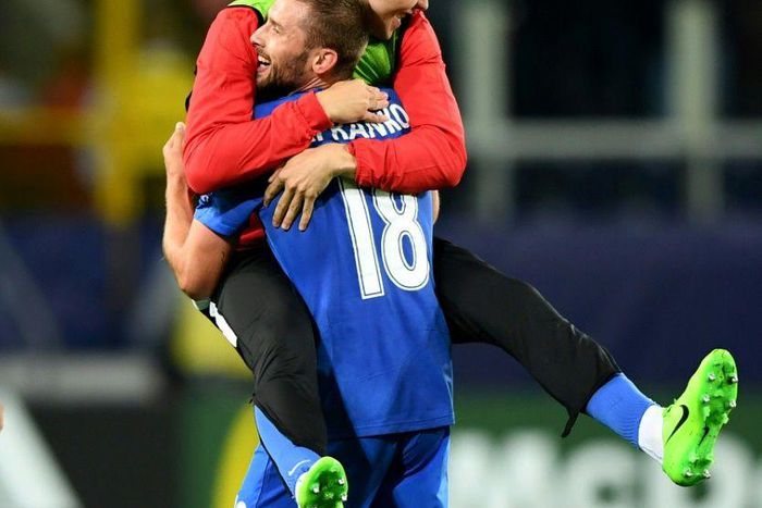 New Mamelodi Sundowns forward Pavol Safranko (R) celebrating with a Slovakia teammate