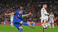 Captain fantastic: Harry Kane (left)scored a first-half hat-trick as England thrashed Albania