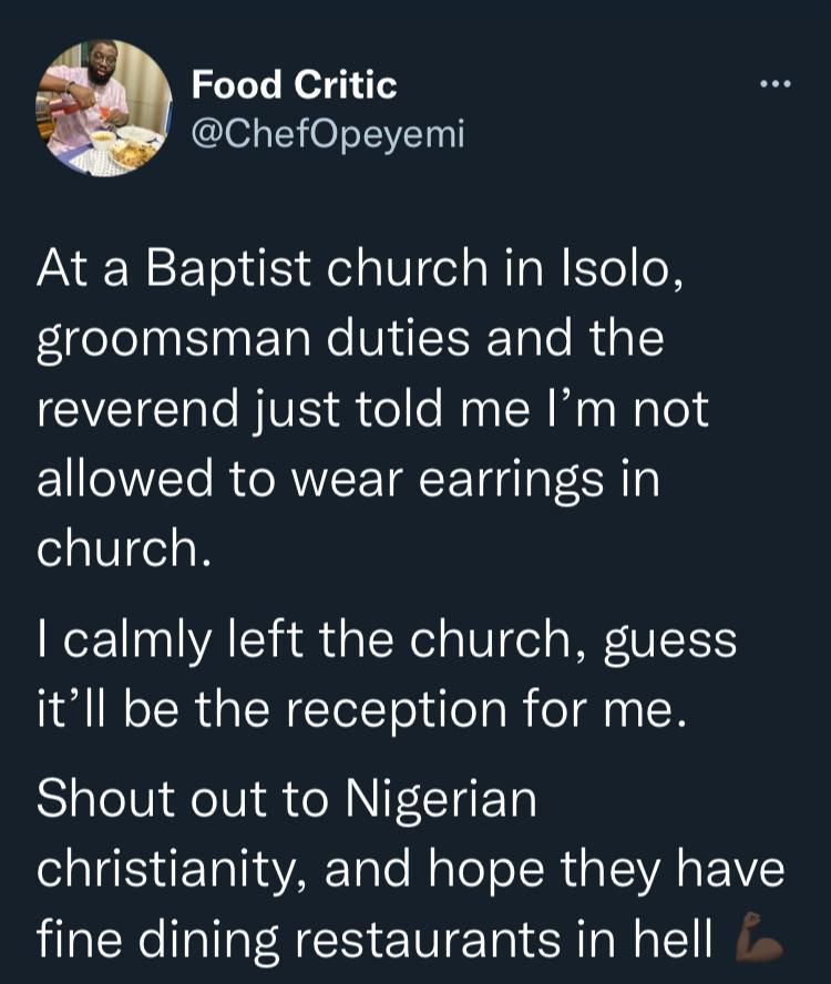 Baptist church pastor sacks groomsman for wearing ear ring to wedding