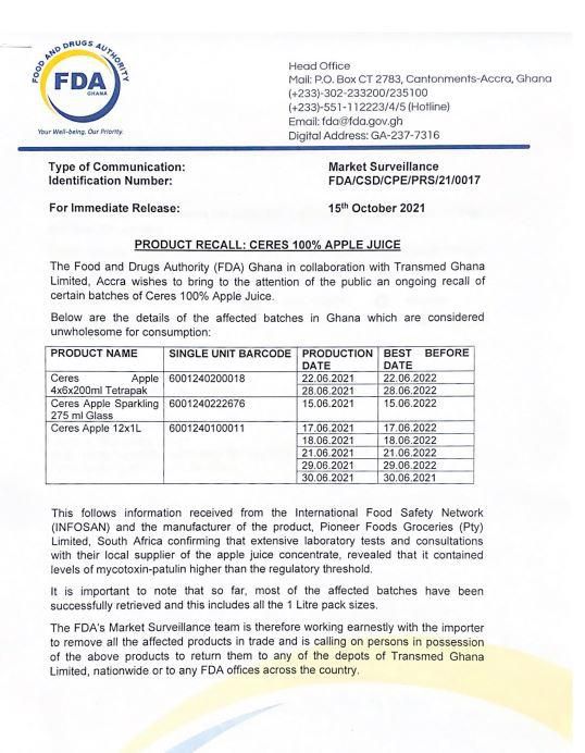 FDA Ceres recall statement