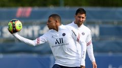 Lionel Messi with Kylian Mbappe. PSG play Club Brugge in their Champions League opener on Wednesday