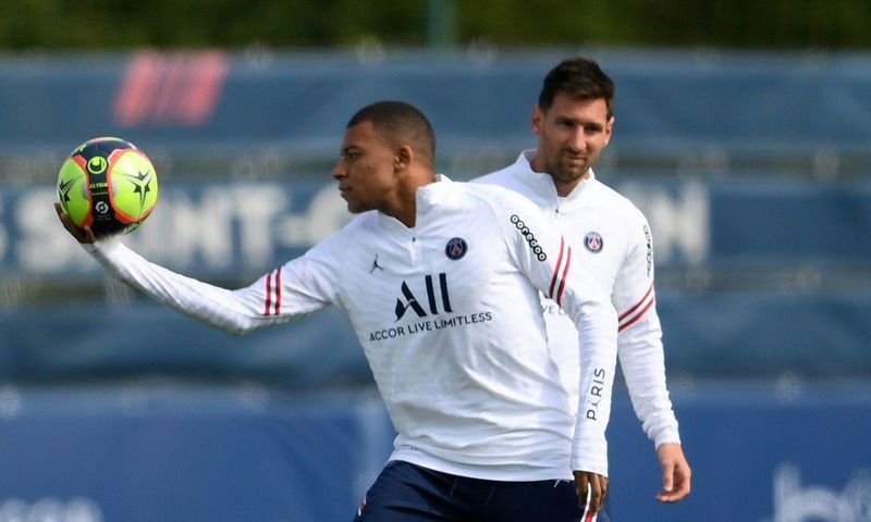Lionel Messi with Kylian Mbappe. PSG play Club Brugge in their Champions League opener on Wednesday