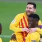 Ilaix Moriba (R) celebrates scoring his first goal for Barelona last March with then team-mate Lionel Messi