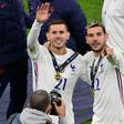 Lucas Hernandez (L) won the Nations League title with France on Sunday alongside his brother Theo (R)