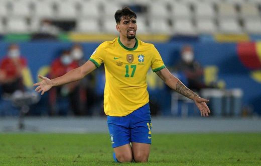 Brazil's Lucas Paqueta celebrates after scoring the only goal in the Copa America semi-final against Peru