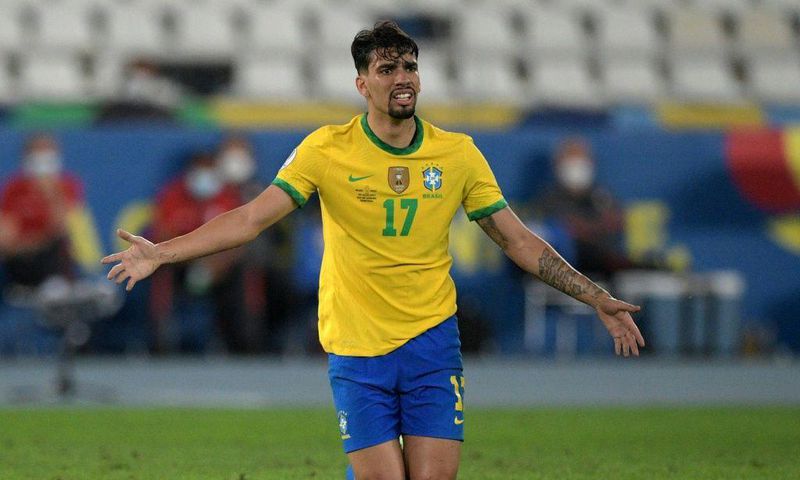 Brazil's Lucas Paqueta celebrates after scoring the only goal in the Copa America semi-final against Peru