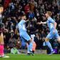 Manchester City's Kevin De Bruyne (R) celebrates scoring against Leicester