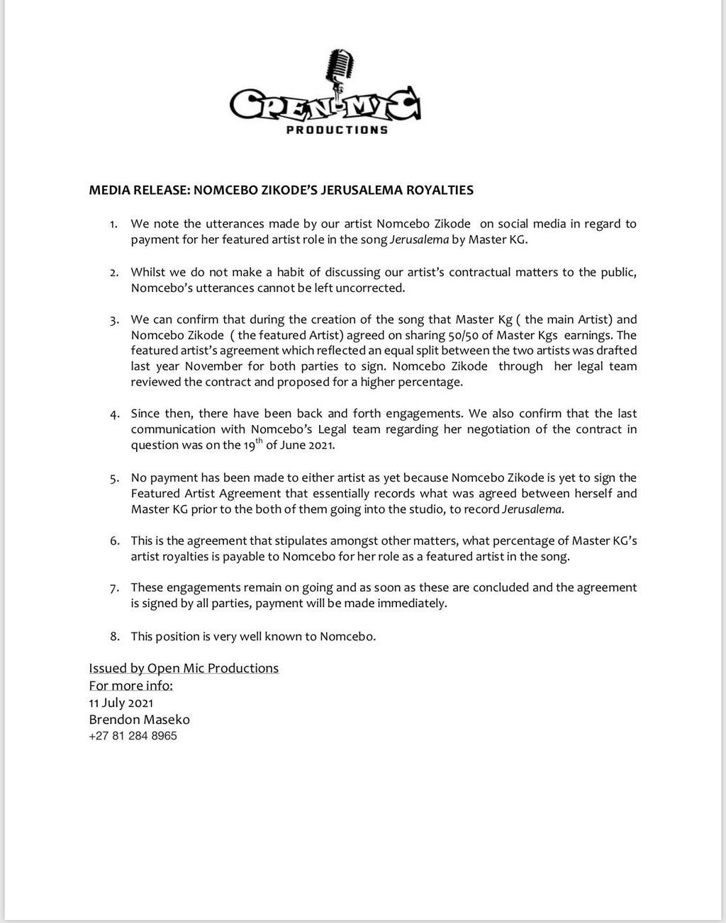 Open Mic responds to Nomcebo's claims over Jerusalema