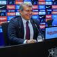 Barcelona president Joan Laporta (L) and interim coach Sergi Barjuan gave a press conference on Friday after the sacking of Ronald Koeman.