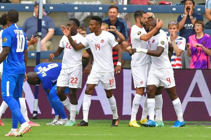 Canadian players celebrate a goal in their 4-1 victory over Martinique in the CONCACAF Gold Cup