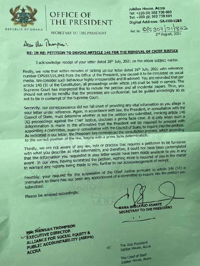 The Presidency’s letter
