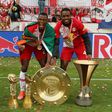 Leicester bound - Zambia forward Patson Daka (L), pictured with compatriot Enock Mwepu celebrating Salzburg's Bundesliga title on May 22,