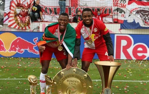 Leicester bound - Zambia forward Patson Daka (L), pictured with compatriot Enock Mwepu celebrating Salzburg's Bundesliga title on May 22,