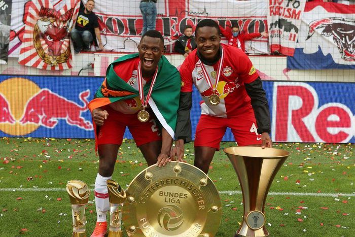Leicester bound - Zambia forward Patson Daka (L), pictured with compatriot Enock Mwepu celebrating Salzburg's Bundesliga title on May 22,