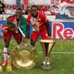 Leicester bound - Zambia forward Patson Daka (L), pictured with compatriot Enock Mwepu celebrating Salzburg's Bundesliga title on May 22,