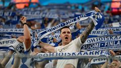 Finland fans cheer on their team against Belgium in Russia