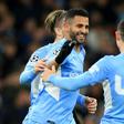 Manchester City forward Riyad Mahrez celebrates scoring against Club Brugge