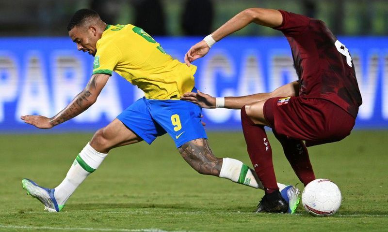 Manchester City forward Gabriel Jesus (left) had a quiet game for Brazil against Venezuela and was substituted in the seoncd half