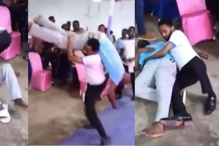 Church members look on as pastor ‘molests’ tall man in church to cast out evil spirit