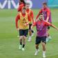 Eden Hazard (front) and Kevin De Bruyne at Belgium's training base during the Euro