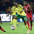 Mamelodi Sundowns star Peter Shalulile (R) playing for Namibia against South Africa during the 2019 Africa Cup of Nations in Egypt