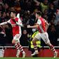 Arsenal's Gabriel Martinelli (C) celebrates scoring against West Ham
